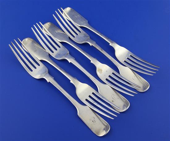 A set of six Victorian silver fiddle pattern table forks by William Eaton, 14.5 oz.